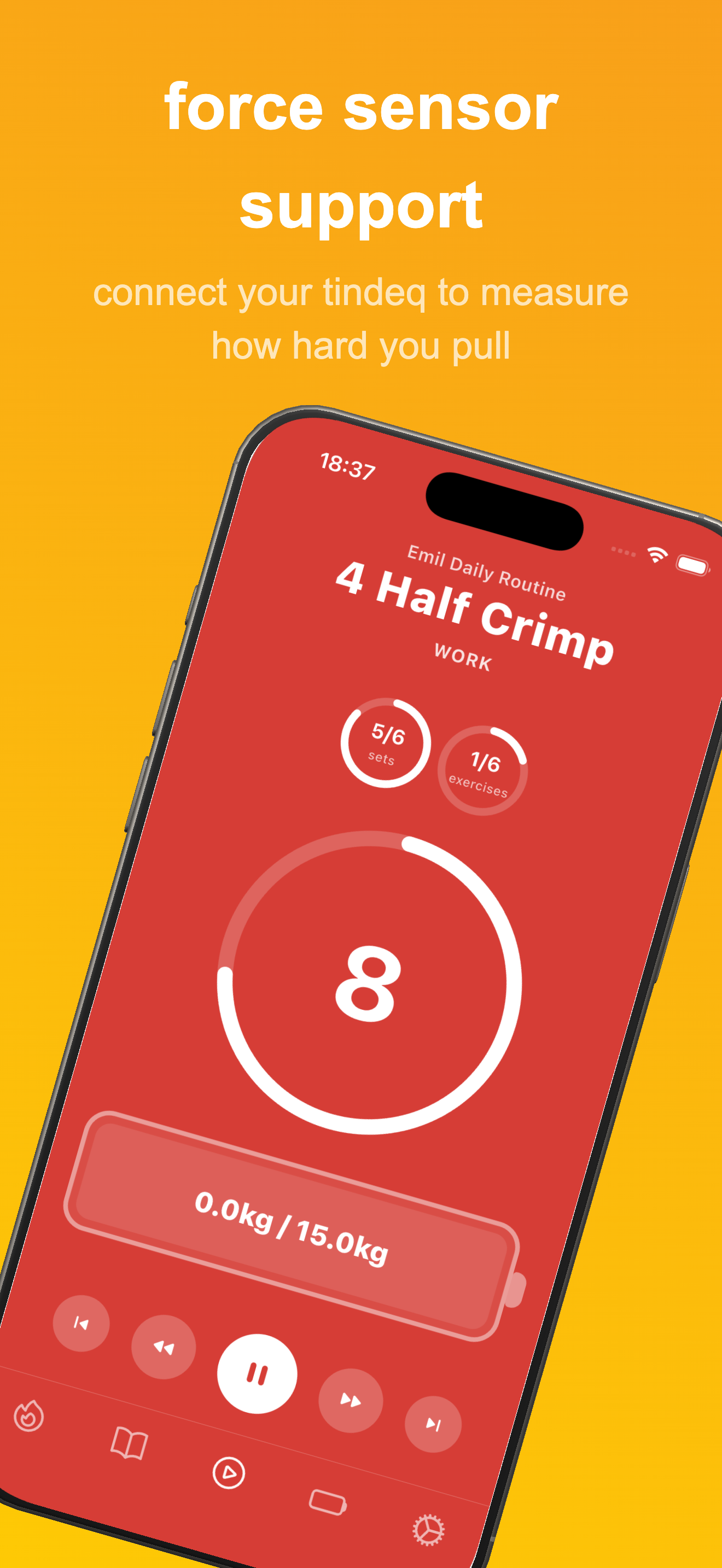 Force sensor support — connect your Tindeq to measure pull force