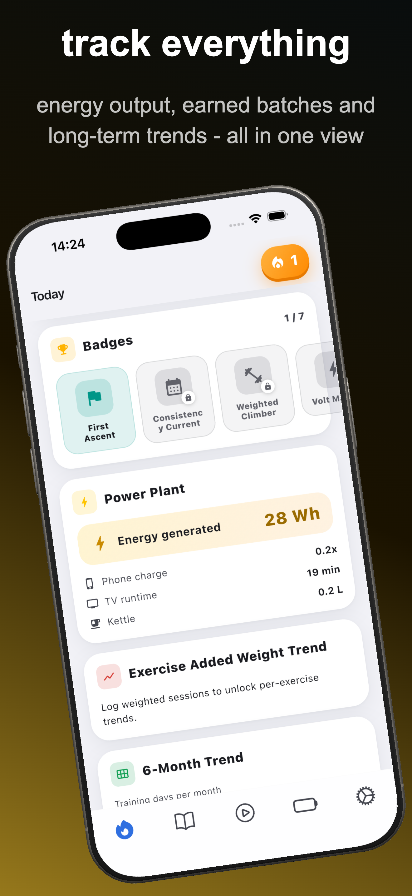 Track everything — badges, energy output, and long-term trends